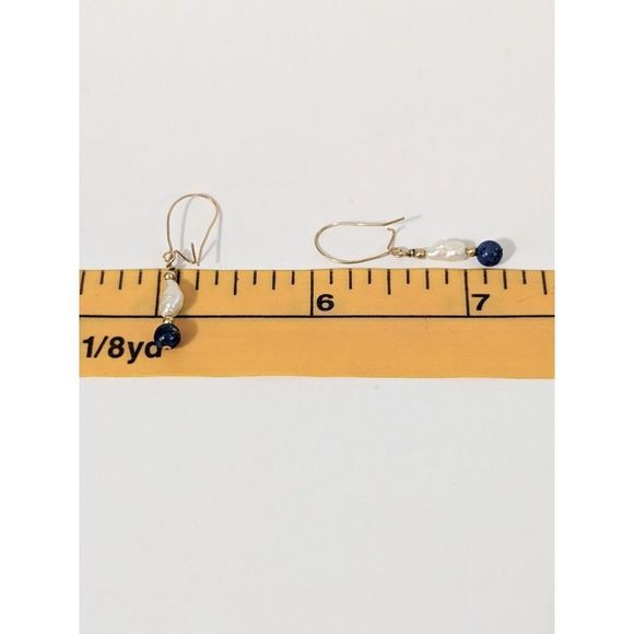 Baroque Pearl Lapis Lazuli Gold Tone Kidney Wire Dangle Earrings Elegant Dainty - Picture 11 of 11